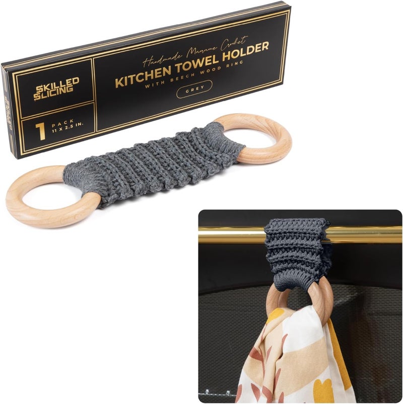 SKILLEDSLICING Hanging Kitchen Dish Towel Holder (Handmade Crochet), Decorative Boho Macrame Kitchen Towel Hanger Loop Ring Makes a Unique Gift for Birthday Thanksgiving Day 11 Inches (Grey) - Image 1